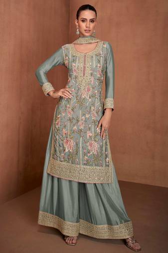 Grey embroidery & sequins work chinnon straight palazzo suit