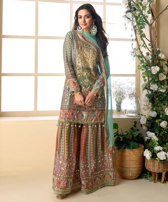 Multi embroidery printed & aari gota patti work creap silk straight palazzo suit 1