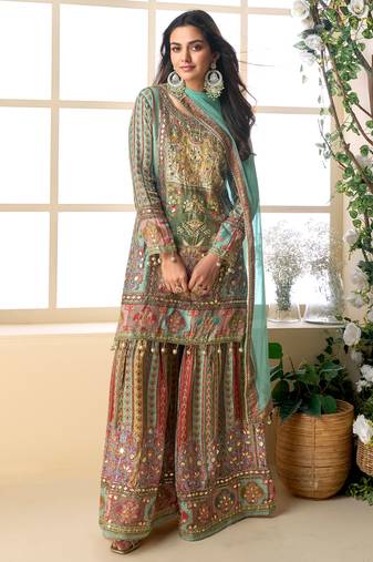 Multi embroidery printed & aari gota patti work creap silk straight palazzo suit
