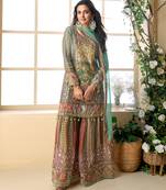 Multi embroidery printed & aari gota patti work creap silk straight palazzo suit