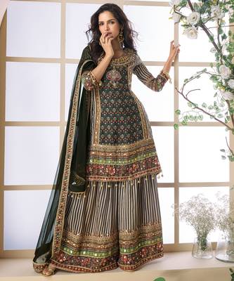 Multi embroidery printed & aari gota patti work creap silk straight palazzo suit 1