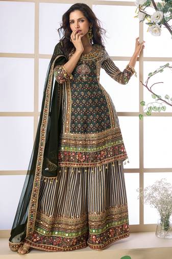 Multi embroidery printed & aari gota patti work creap silk straight palazzo suit