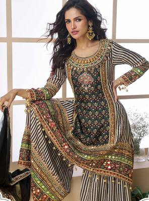 Multi embroidery printed & aari gota patti work creap silk straight palazzo suit 2