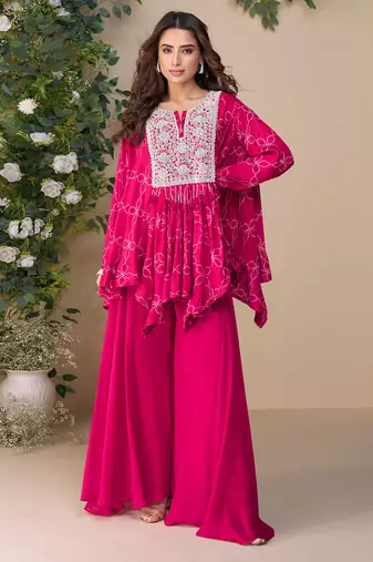 Rani pink embroidery & hand work chinnon silk poncho style top palazzo suit
