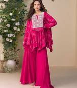 Rani pink embroidery & hand work chinnon silk poncho style top palazzo suit