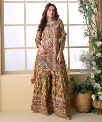 Multi embroidery printed & aari gota patti work creap silk straight palazzo suit 1
