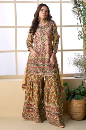 Multi embroidery printed & aari gota patti work creap silk straight palazzo suit