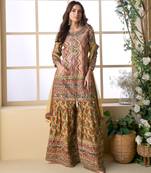 Multi embroidery printed & aari gota patti work creap silk straight palazzo suit
