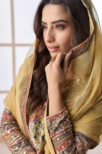 Multi embroidery printed & aari gota patti work creap silk straight palazzo suit