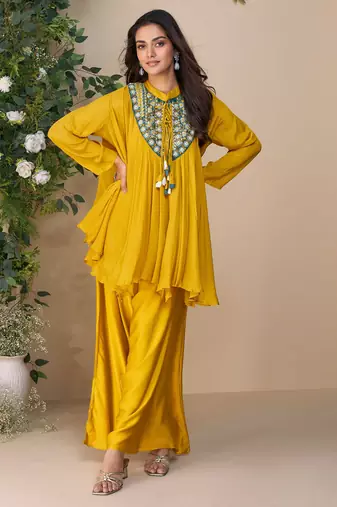 Mustard embroidery printed & hand work chinnon silk poncho style top palazzo suit