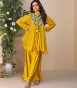 Mustard embroidery printed & hand work chinnon silk poncho style top palazzo suit