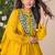 Mustard embroidery printed & hand work chinnon silk poncho style top palazzo suit