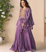 Purple embroidery printed & hand work chinnon silk poncho style top palazzo suit