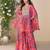 Peach embroidery printed & hand work chinnon silk poncho style top palazzo suit
