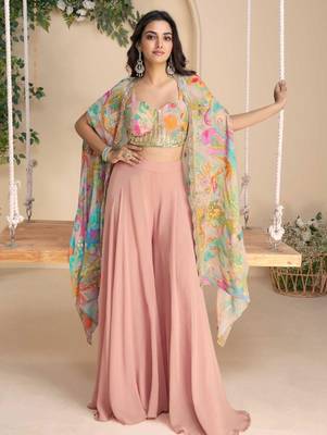 Multicolor embroidery zari & printed jacket work chinnon silk  blouse dhoti suit 1