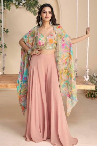 Multicolor embroidery zari & printed jacket work chinnon silk  blouse dhoti suit