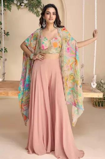 Multicolor embroidery zari & printed jacket work chinnon silk  blouse dhoti suit