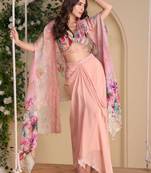 Pink embroidery zari & printed jacket work chinnon silk  blouse dhoti suit