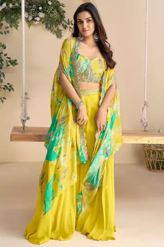 Yellow embroidery zari & printed jacket work chinnon silk  blouse dhoti suit