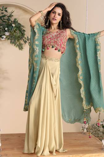 Rani pink embroidery zari & printed jacket work chinnon silk  blouse dhoti suit
