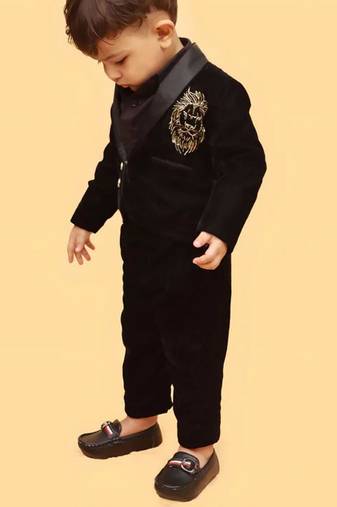 Black velvet cotton embroidered royal pride shirt pants and coat for boys
