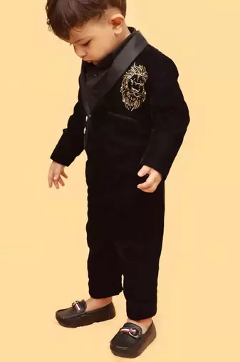 Black velvet cotton embroidered royal pride shirt pants and coat for boys