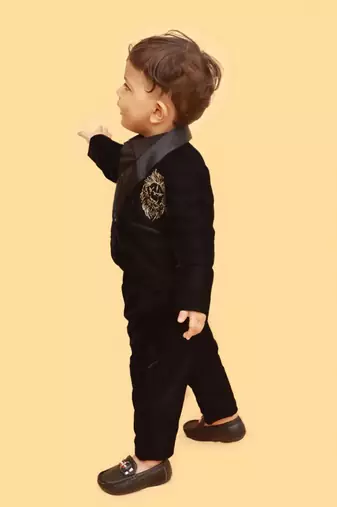 Black velvet cotton embroidered royal pride shirt pants and coat for boys