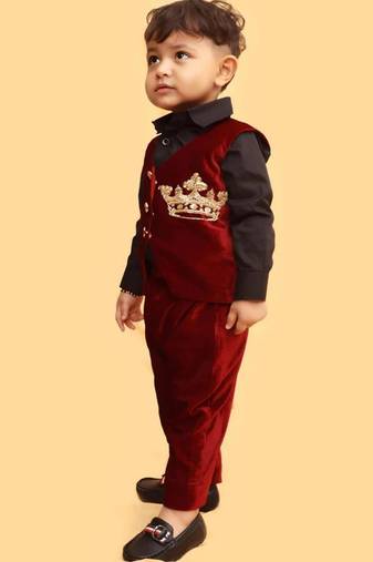Burgundy velvet cotton embroidered imperial velvet suit shirt pants and coat for boys
