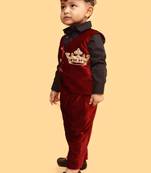 Burgundy velvet cotton embroidered imperial velvet suit shirt pants and coat for boys