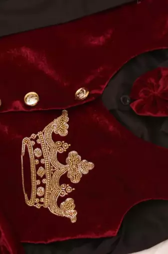 Burgundy velvet cotton embroidered imperial velvet suit shirt pants and coat for boys