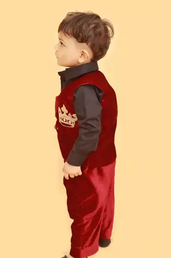 Burgundy velvet cotton embroidered imperial velvet suit shirt pants and coat for boys