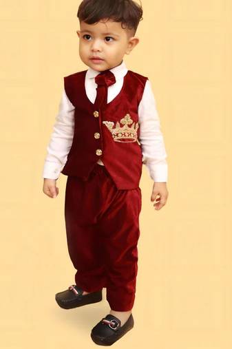 Maroon cotton velvet embroidered crown luxe shirt pants and coat for boys
