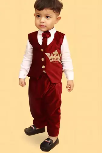 Maroon cotton velvet embroidered crown luxe shirt pants and coat for boys