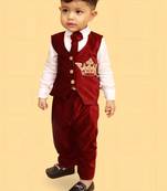 Maroon cotton velvet embroidered crown luxe shirt pants and coat for boys