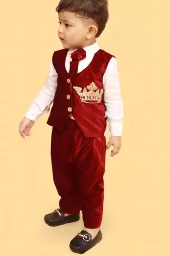 Maroon cotton velvet embroidered crown luxe shirt pants and coat for boys