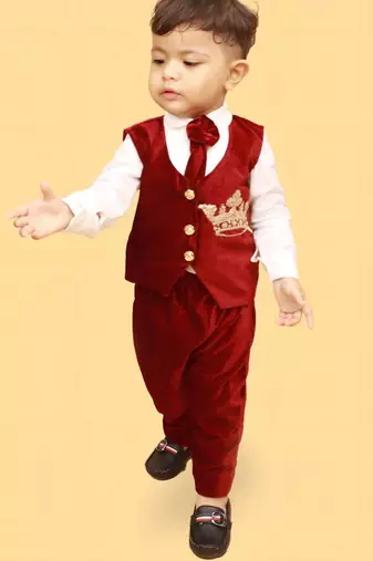 Maroon cotton velvet embroidered crown luxe shirt pants and coat for boys