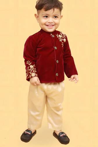 Maroon velvet shantoon embroidered zara blossom shirt pants for boys