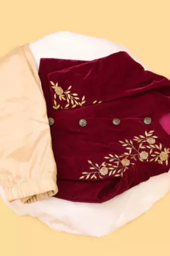 Maroon velvet shantoon embroidered zara blossom shirt pants for boys