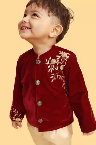Maroon velvet shantoon embroidered zara blossom shirt pants for boys