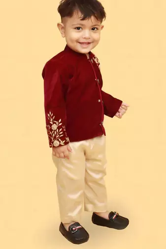Maroon velvet shantoon embroidered zara blossom shirt pants for boys