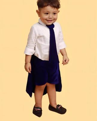 Navy blue cotton velvet plain tiny monach shirt shorts cape and tie for boys 1
