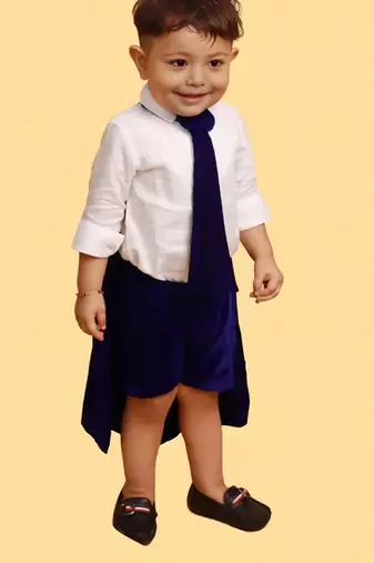 Navy blue cotton velvet plain tiny monach shirt shorts cape and tie for boys
