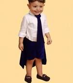 Navy blue cotton velvet plain tiny monach shirt shorts cape and tie for boys