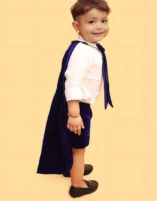 Navy blue cotton velvet plain tiny monach shirt shorts cape and tie for boys 4