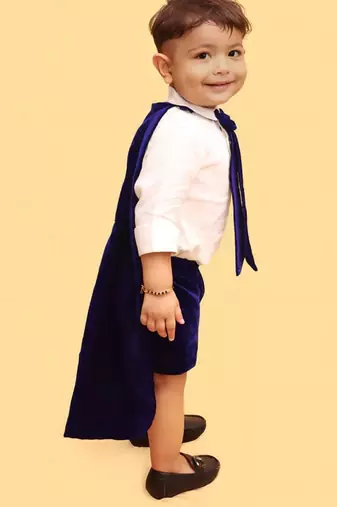 Navy blue cotton velvet plain tiny monach shirt shorts cape and tie for boys