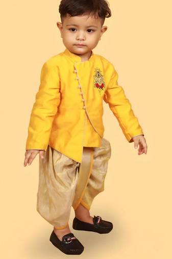 Yellow chanderi tissue embroidered ganesh aura kurta with dhoti for boys