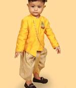Yellow chanderi tissue embroidered ganesh aura kurta with dhoti for boys