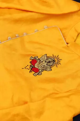 Yellow chanderi tissue embroidered ganesh aura kurta with dhoti for boys
