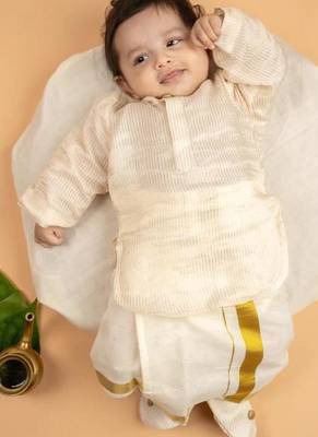 Cream tissue plain thamburan kutti kurta with mundu for boys 1