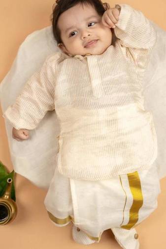 Cream tissue plain thamburan kutti kurta with mundu for boys